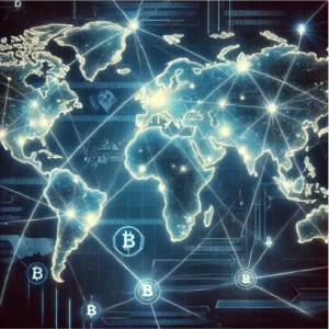 Uma ilustração digital mostrando um mapa do mundo conectado por várias redes de blockchain, simbolizando a disseminação global das criptomoedas e a importância da mineração para manter essas redes.