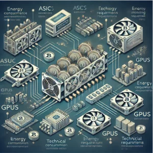 Um diagrama detalhado de uma instalação de mineração de criptomoedas, mostrando diferentes tipos de hardware como ASICs e GPUs, além de elementos relacionados ao consumo de energia e requisitos técnicos.