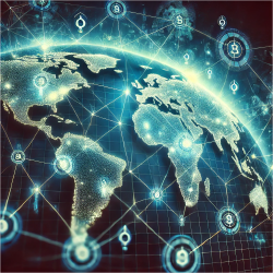 Uma ilustração dinâmica mostrando a rede de nós distribuídos globalmente, simbolizando a descentralização do blockchain.